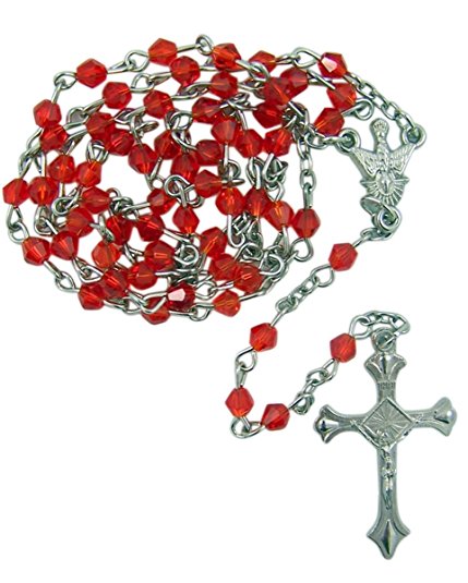 Red Glass Bead Confirmation Rosary with Silver Toned Holy Spirit Centerpiece, 13 Inch