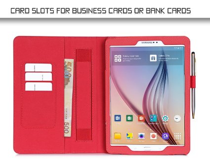 Samsung Galaxy Tab S2 9.7 Case Cover, FYY [Super Functional Series] Premium Leather Case Stand Cover with Card Slots, Note Holder, Quality Hand Strap and Elastic Strap for Samsung Galaxy Tab S2 9.7 (With Auto Wake/Sleep Feature) Red