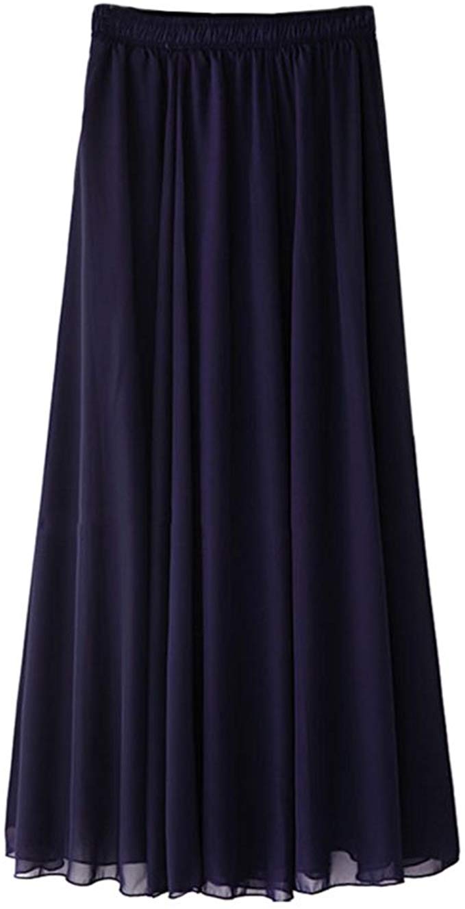 Ezcosplay Women's Double Layer Retro Chiffon Long Skirt Elastic Waist Boho Skirt
