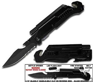 Rogue River Tactical 6-in-1 Multitool Knife with Flint Fire Starter LED Light Bottle Opener Belt Cutter and Windows Breaker Black