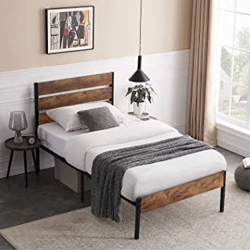 VECELO Platform Twin Size Bed Frame/Mattress Foundation with Rustic Vintage Wood Headboard, Strong Metal Slats Support, No Box Spring Needed