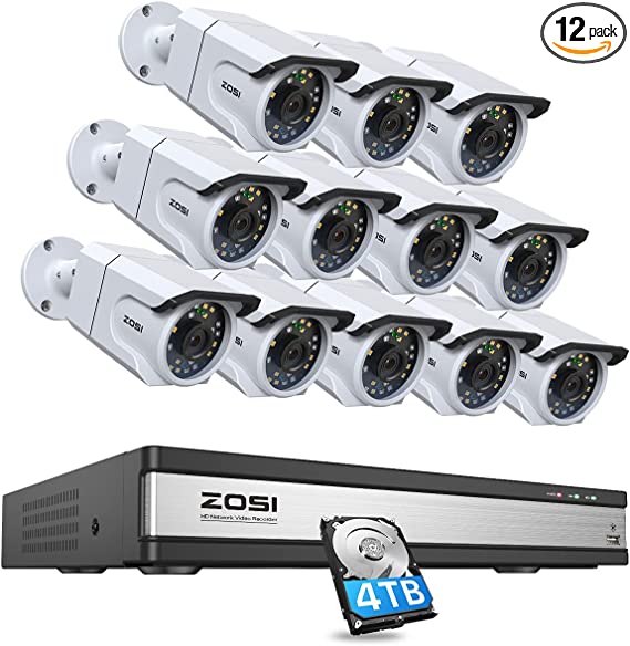 ZOSI 16CH 4K PoE Security Cameras System,12pcs H.265 4K Outdoor PoE IP Cameras with Audio,Color Night Vision,Human Detection,Smart Light Alarm,16 Channel 8MP CCTV NVR with 4TB HDD for 24/7 Recording