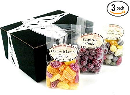 Hermann the German Bavarian Hard Candy 3-Flavor Variety: One 5.29 oz Bag Each of Bavarian Fruit Assortment, Raspberry, and Orange & Lemon in a BlackTie Box (3 Items Total)