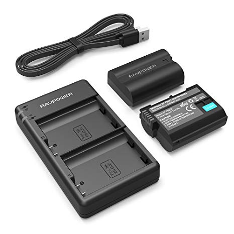 EN-EL15 RAVPower EN EL15A Battery Charger Set and Rechargeable Li-ion Battery for Nikon D750, D7500, D850, D810, D810A, D800, D800E, D7200, D500, D610, D600 (2-Pack, Micro USB Charger, 2100mAh)