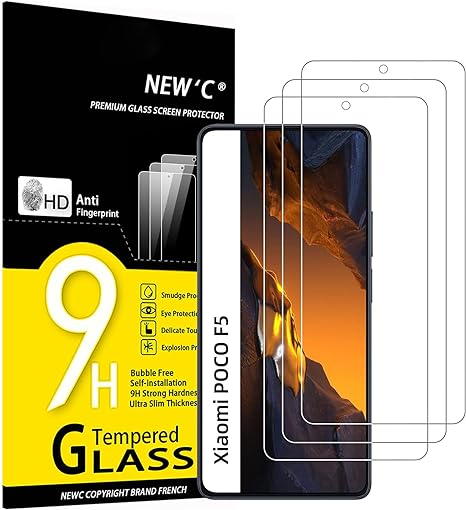 NEW'C 3 Piezas, Protector Pantalla para Xiaomi POCO F5, F5 Pro, Cristal templado Antiarañazos, Antihuellas, Sin Burbujas, Dureza 9H, 0.33 mm Ultra Transparente, Ultra Resistente