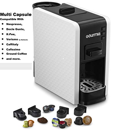 Gourmia GCM7000 1 Touch Multi Capsule Espresso Coffee Machine - 4 Pod Cartridges - Nespresso, Dolce Gusto, K-Fee, Verismo by Starbucks - Ground Coffee - Programmable Temp - Short/Long - 1100W-White