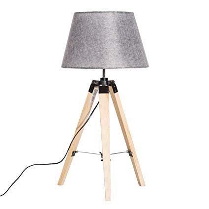 HomCom 27” Linen Fabric Table Lamp with Wooden Tripod Stand - Grey