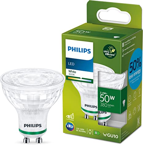 Philips LED Ultra Efficient Spot Light Bulb B Label Energy Rating [White 3000K - GU10 Spot] 50W. for Indoor Home Lighting