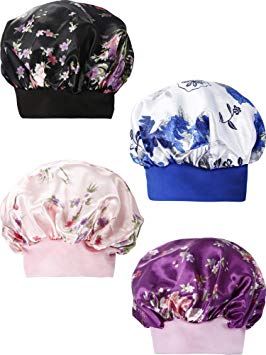 SATINIOR 4 Pieces Soft Satin Sleeping Cap Salon Bonnet Night Sleep Hat Hair Loss Cap (Wide Band)