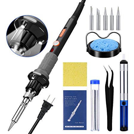 Vtin 11-in-1 Soldering Iron Kit with 3 LED Lighting, Adjustable Temperature , Unique Power Switch, Solder Sucker, Soldering Wire,Cleaning Sponge Stand,Copper Scrubber, 5 Tips for Various Repairing