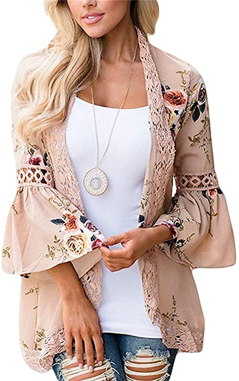 Women's Floral Print Puff Sleeve Kimono Cardigan Loose Cover Up Casual Blouse Tops