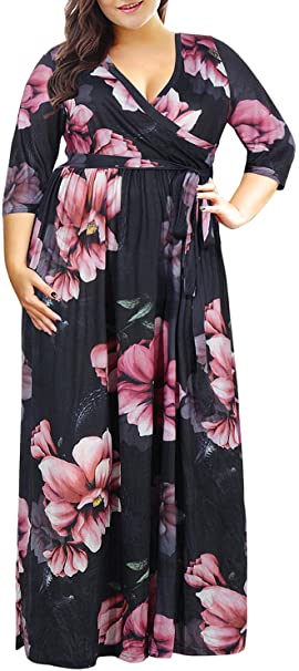 Nemidor Women's 3/4 Sleeve Floral Print Plus Size Casual Party Maxi Dress