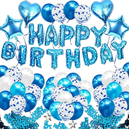 iZoeL Blue Birthday Party Decoration Boys, Blue Happy Birthday Banner Confetti Balloon Heart Star Balloon plus 10g Birthday Table Confetti for Baby Shower Kid Girl Man Birthday Supplies