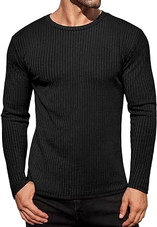 Ekouaer Men's Long Sleeve Shirts Ribbed Pullover Sweater Sim Fit Thermal Tops Crew Neck Stretchy Undershirts S-XXL