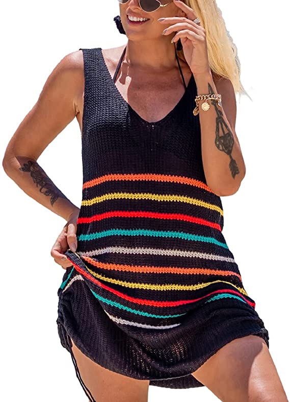 Bsubseach Women Crochet Bikini Cover Ups Summer Scoop Neck Beach Tank Dress