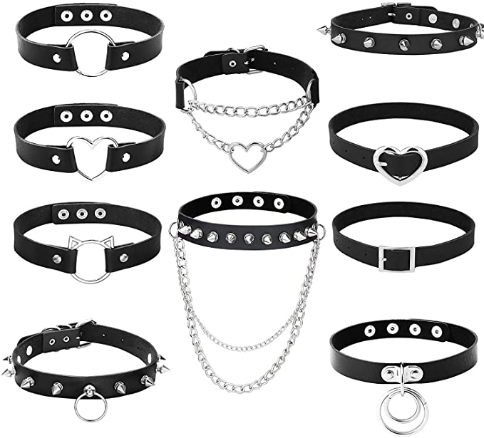 Adramata 10Pcs Black Leather Chokers Gothic Punk PU Necklace Fancy Dress Rock Spiked Adjustable Collar Necklaces for Women