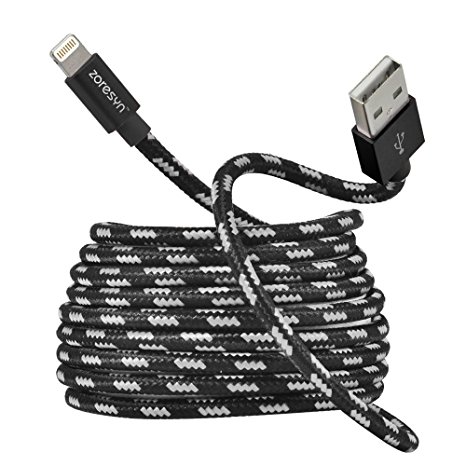 Zoresyn Apple Certified Lightning to USB Long Cable With Nylon Braided Charging Cord And Aluminum Connector For iPhone iPad iPod 2m/6.6ft （Black with White）