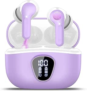 Wireless Earbuds Bluetooth 5.3 Headphones, 40H Playback HiFi Stereo Ear Buds with LED Display, ENC Noise Cancelling Earbuds, IP7 Waterproof in-Ear Earphone for iOS Andriod Sport/Workout/Running/Purple