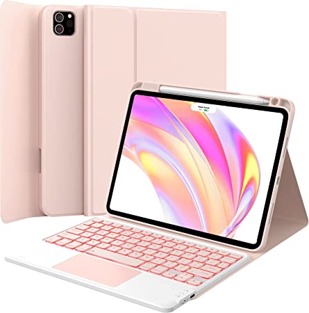 GreenLaw iPad Pro 11 inch Case with Keyboard, Stain Resistant Cover, 7-Color Backlit, Smart Touchpad, 2 Device Connection, for iPad Pro 11 (4th/3rd/2nd/1st Gen), Pink Blush