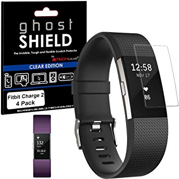 Fitbit Charge 2 Screen protectors, [Pack of 4] TECHGEAR® Fitbit Charge 2 [ghostSHIELD Edition] Genuine Reinforced Flexible TPU Screen Protector Guard Covers with FULL Screen Coverage - for Fitbit Charge 2 Heart Rate & Fitness Wristband