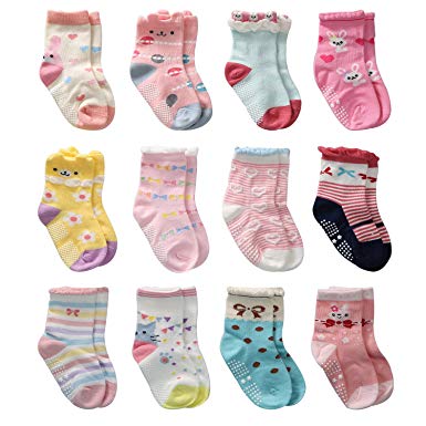 12 Pairs Toddler Girl Non Skid Socks Cute Cotton with Grips, Baby Girls Anti-skid Socks