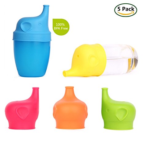 GoLine 5-Pack Silicone Sippy Cup Lids, Make Any Cup Spill-Proof Training Cup for Babies, Toddlers and Kids, High Compatibility, FDA Approved, BPA-Free, Blue/Green/Orange/Red/Yellow.(GL-CL005)