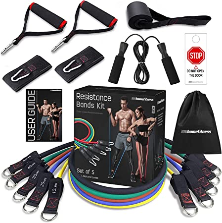 100 Home Fitness Exercise Resistance Band Set Training Tubes with Door Anchor, Handles, Jump Ropes, Ankle Straps, Stackable Up to 150 lbs for Body Workout, Strength