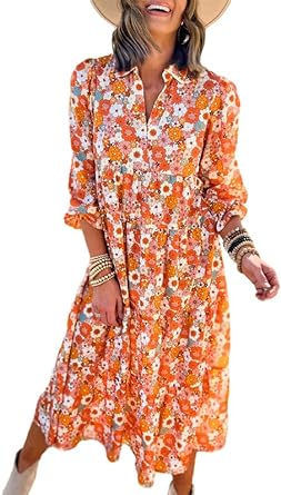 Dokotoo Women's Casual Loose Bohemian Floral Dresses 2024 Long Puff Sleeve V Neck Ruffle A Line Flowy Summer Beach Dress