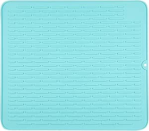 Restaurantware Comfy Grip 17.7 x 15.8 Inch Large Countertop Drying Mat 1 Food-Grade Dish Drainboard - Ribbed Design And Raised Sidewalls Waterproof Turquoise Silicone Draining Pad Dishwashable