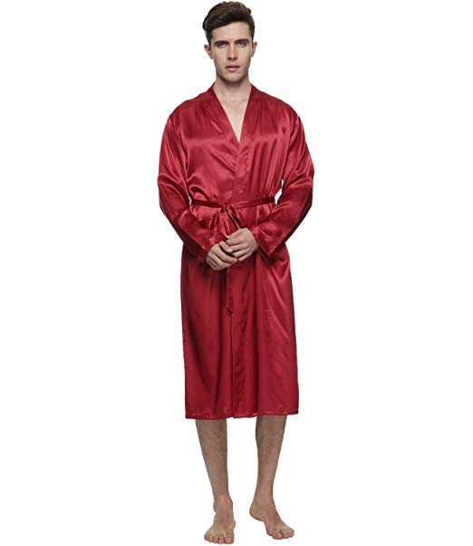 FAYBOX Men Satin Robe Long Bathrobe Lightweight Sleepwear