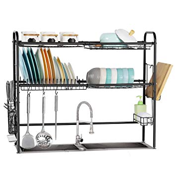 Nandae 2-Tier Dish Drying Rack Stainless Steel Over the Sink Dish Rack for Kitchen Length Adjustable, Black