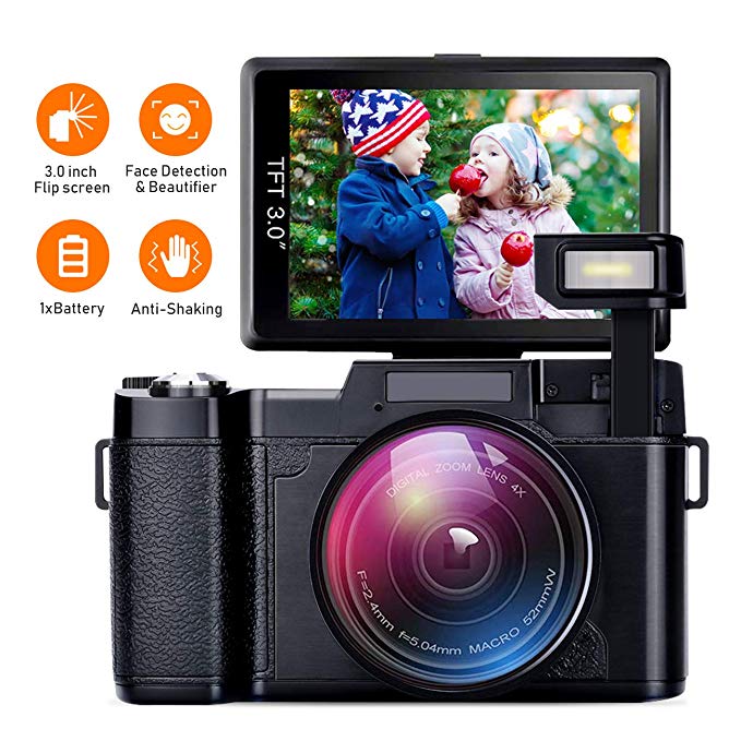 AMKOV Video Camera Digital Camera Vlogging Camera 1080P Camcorder with 4X Zoom, 1 Rechargeable Batteries, 3 Inch 180°Camera Flip Screen Retractable Flashlight Easy Operation to Seniors/Kids