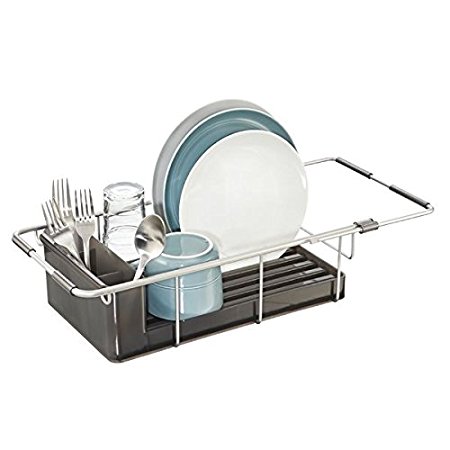 mDesign Rustproof Aluminum Over-the-Sink Dish Drainer Rack for Drying Glasses, Silverware, Bowls, Plates - Silver/Smoke