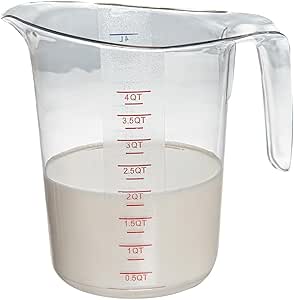 Restaurantware RW Base 4 Quart Measuring Jar 1 Durable Measuring Beaker - Metric And Imperial Units V-Shaped Spout Clear Plastic Measuring Cup Handle With Thumb-Grip Tolerates Up To 248F