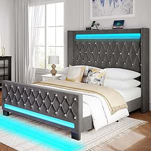 Rolanstar Full Bed Frame with LED Light and Charging Station, Upholstered High Headboard and Footboard, Wood Slats, Noise Free, Easy Assembly, Grey