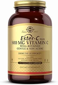 Solgar Ester-C Plus 500mg Vitamin C (Ascorbate Complex), Gentle & Non Acidic, Antioxidant & Immune Support, Non GMO, Vegan, Gluten Free, Kosher, 250 Vegetable Capsules