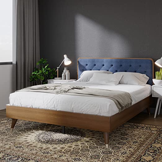 DG Casa Cassidy Mid Century Modern Upholstered Platform Bed Frame with Diamond Button Tufted Headboard and Full Wooden Slats, Box Spring Not Required - Queen Size in Gray Faux Velvet Fabric