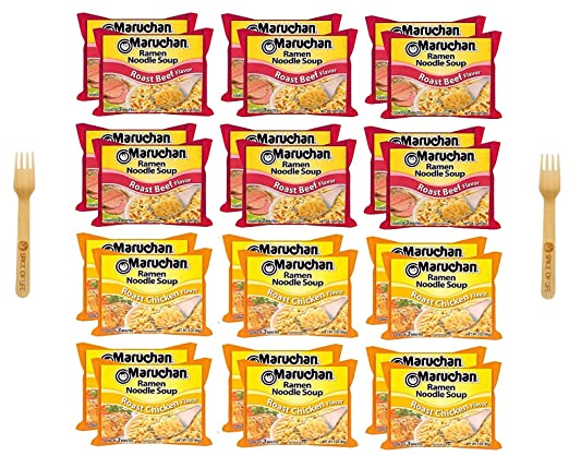 Maruchan Ramen Noodle Roast Chicken and Roast Beef Variety, 24 Pack with Spice of Life Sporks
