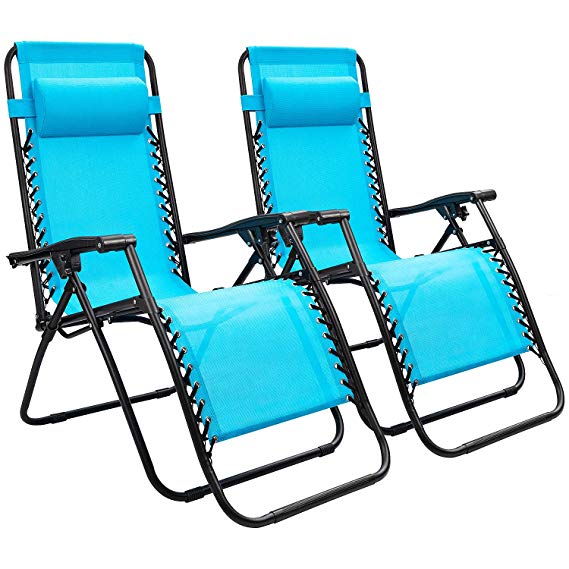 Devoko Patio Zero Gravity Chair Outdoor Folding Adjustable Reclining Chairs Pool Side Using Lawn Lounge Chair with Pillow Set of 2 (Blue)
