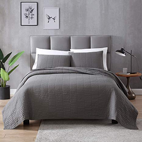 EXQ Home Quilt Set King Size Grey 3 Piece,Lightweight Hypoallergenic Microfiber Coverlet Modern Style Stitched Quilt Pattern Bedspread Set