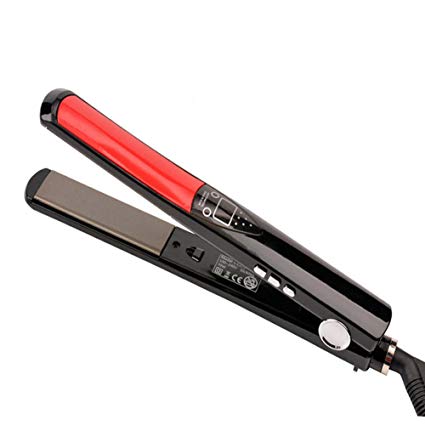 Angel Kiss Professiona Flat Iron Dual Voltage 1-Inch and 3D Floating Ceramic Titanium Plate Hair Straightener Auto Shut Off - LCD Digital - 30-Second Heat Up - Black/Red