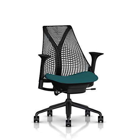 Herman Miller Sayl Ergonomic Office Chair with Tilt Limiter and Carpet Casters | Stationary Seat Depth and Arms | Black Frame with Peacock Rhythm Seat