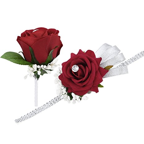 FAYBOX Wedding Prom Wine Red Velvet Rose Rhinestone Corsage and Boutonniere Set With Silvery Ribbon Stretch Bracelet