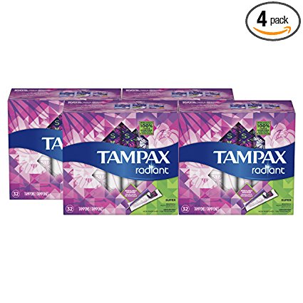 Tampax Radiant Plastic Tampons,Super Absorbency, Unscented, 32 Count, Pack of 4 (Total 128 Count