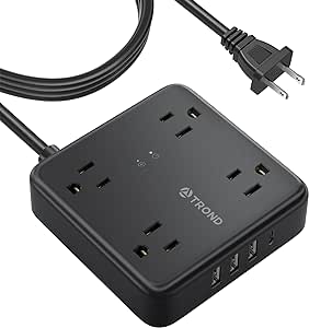 TROND 2 Prong Power Strip, 10ft Extension Cord with 4 Widely Spaced AC Outlets, 4 USB Chargers (1 USB-C), 2 Prong to 3 Prong Adapter Wall Mount 1440J Surge Protector for Non-Grounded Plug, Black