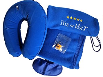 Travel Airplane Blanket Large Snug and Cozy, Inflatable Neck Pillow for support; Eye Mask for soft darkness and Earplugs for noise reduction - Best Complete Travel Kit in Backpack by Biz or VisiT
