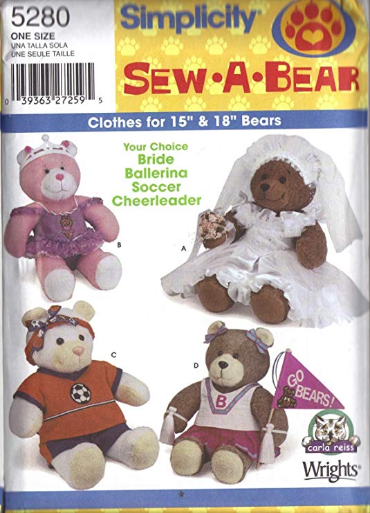 Simplicity 5280 - Sew-a-Bear - Bear and Clothes for 15-inch and 18-inch Bears - 4 Outfits