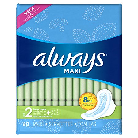Always Maxi Size 2 Long Pads with Wings, Super Absorbency, Unscented, 60 Count, Packaging May Vary