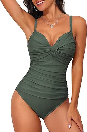 Hilor Women's Underwire One Piece Swimsuit Ruched Tummy Control Bathing Suits Push Up Twist Front Swimwear Monokini