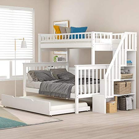 Solid Wood Twin Over Full Bunk Beds with Storage Drawers, Bunk Beds for Kids with Ladder and Guard Rail (White (Bunk Bed with Trundle))
